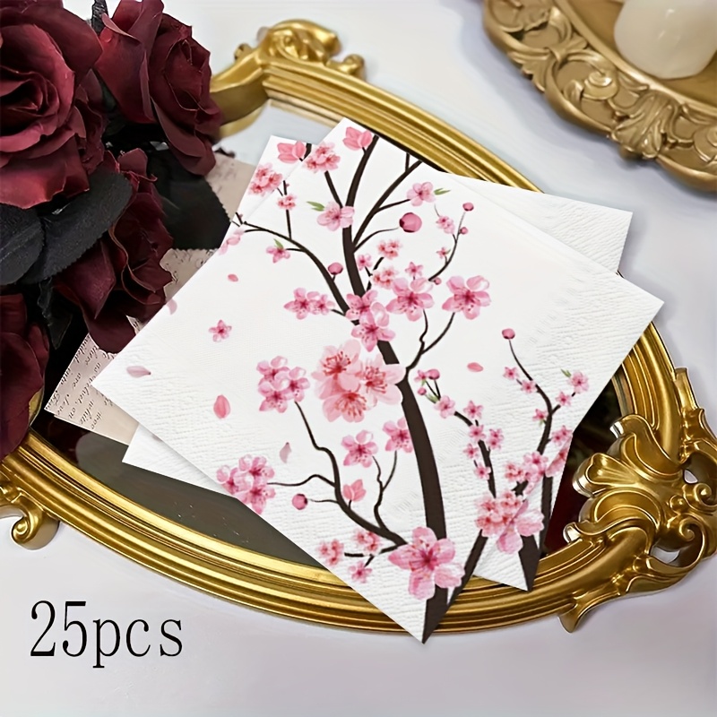 Image of 25-piece Pink Floral Theme Party Napkins, Ink Wash Design Disposable Napkins, Suitable For Summer And Autumn Gatherings, Family Dinners, And Wedding Banquet Table Decorations For Halloween、christmas
