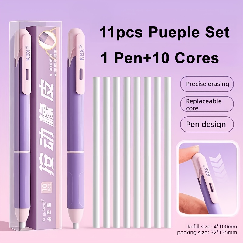 Image of 11pcs Pencil-shaped Erasers | Press Type With Replaceable Core, Assorted Varieties For Sketching, Drawing, Writing Office Stationery School Supplies