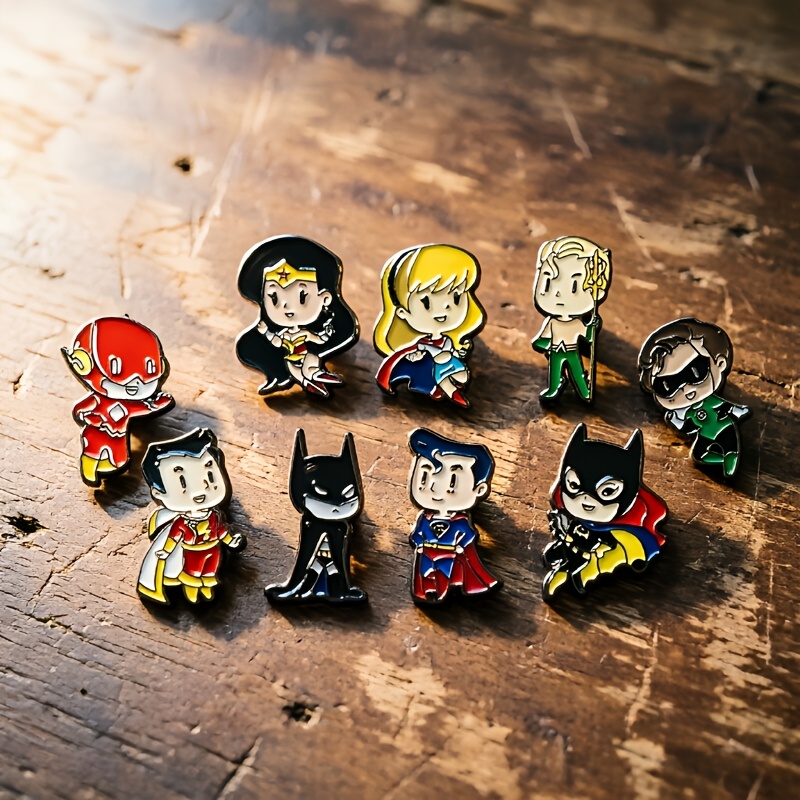 TEMU 9pcs League Series Movie-themed Enamel Brooch Set, Featuring Batman, The Flash, Green Lantern, Wonder Woman, Superman, And Other Heroic