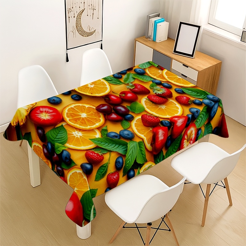 TEMU 1pc Of Colorful Fruit Printed Tablecloth - Featuring Orange Slices, Strawberries, And , Perfect For A Vibrant And Fresh Atmosphere, Ideal For