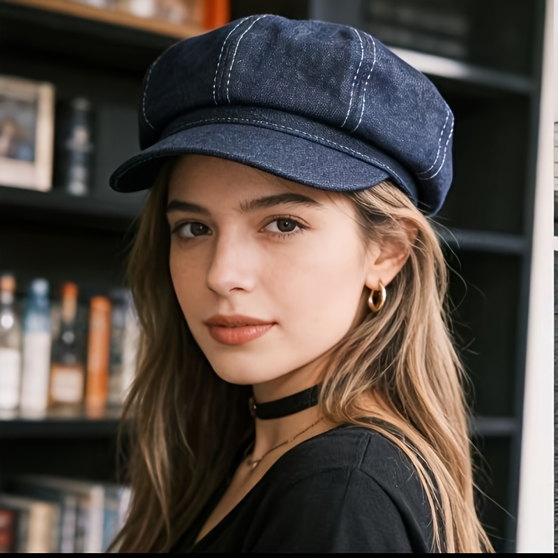 TEMU Women's Denim Beret, Painter Hat, Newsboy Hat, Octagonal Hat, Retro Octagonal Style, Soft, Breathable And Durable Denim, Lightweight Sunshade