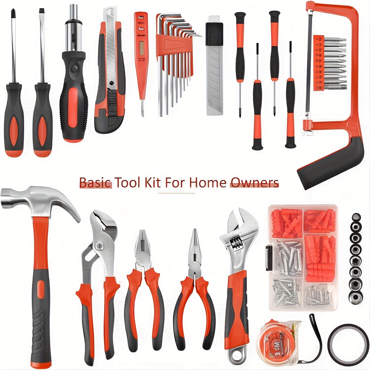 148pcs home tool kit complete hand repair set with portable case ratchet screwdriver pliers wrench tester perfect gift for diy enthusiasts men women red Product details 3