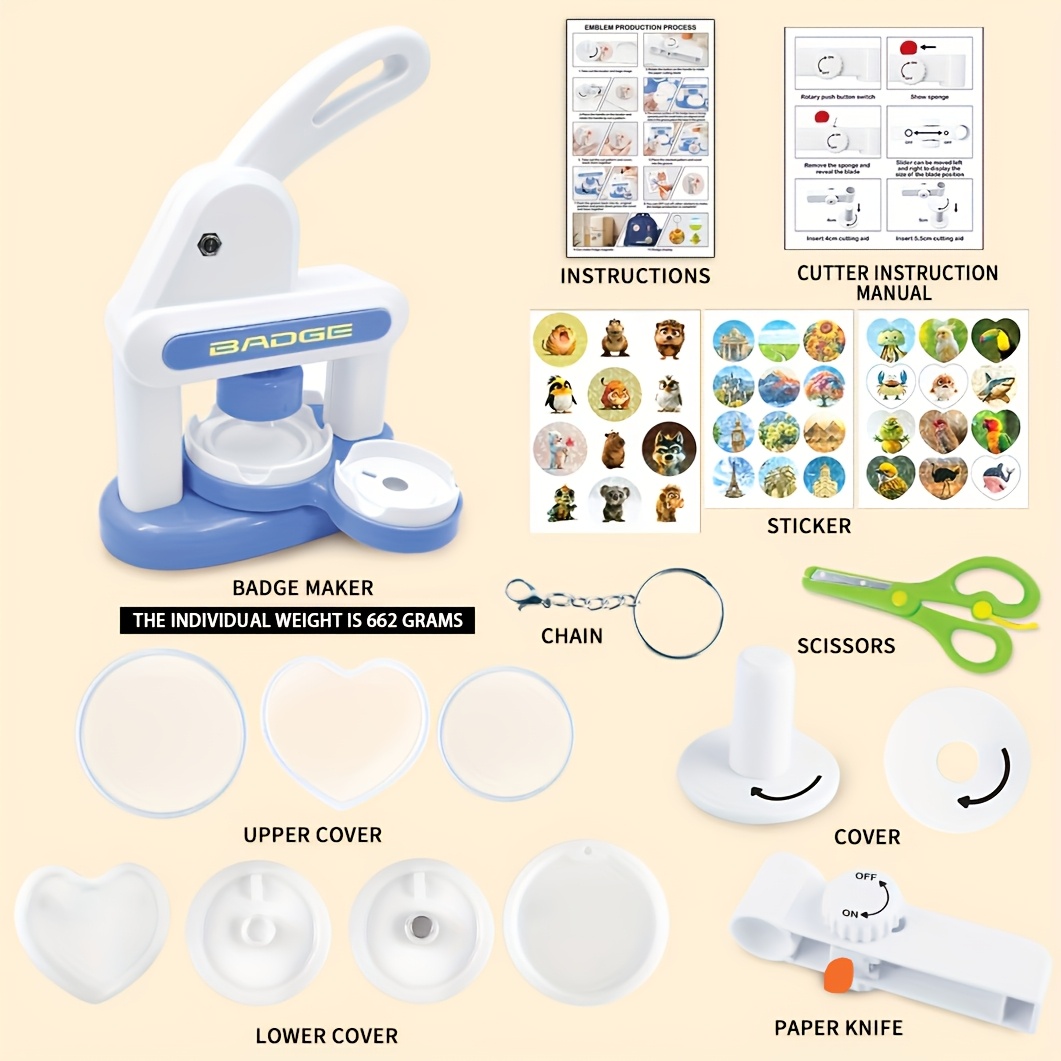 E-shop DIY Abzeichen-Herstellungsset mit 48 voreingestellten Designs & Teilen - 55mm Rundknopf-Pressmaschine, Komplettes Schmuck- &
