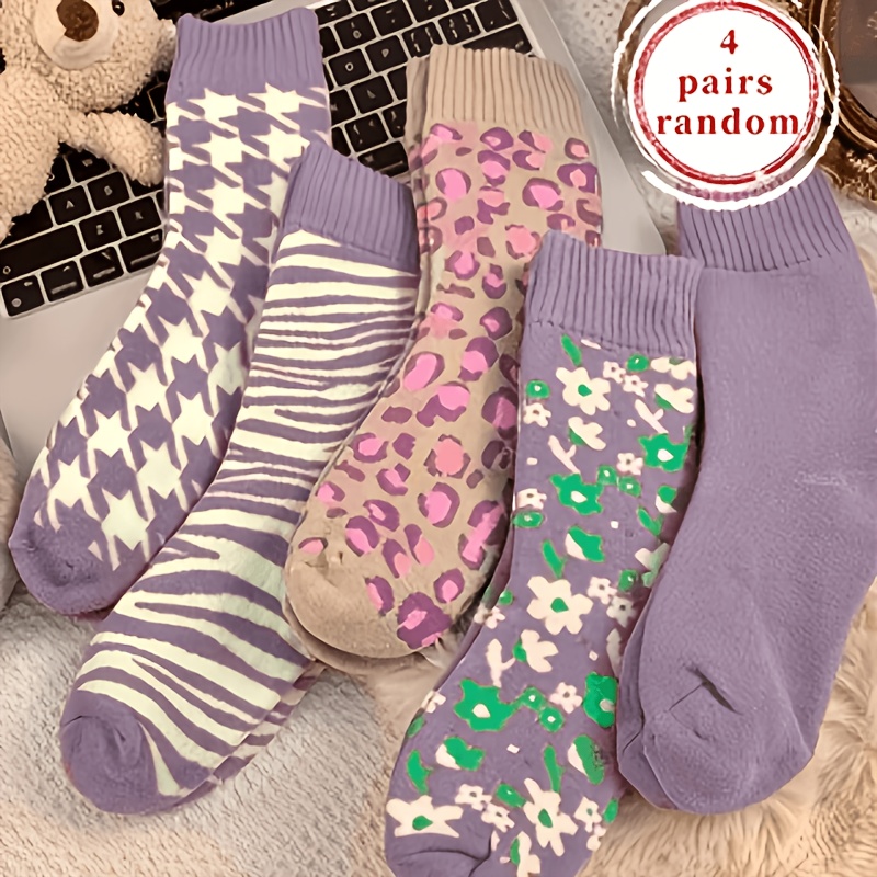 Image of 4 Pairs Mixed Random Colors Winter Thickened Fleece Purple- Socks Women' Comfortable Warm Winter Mid-calf Socks