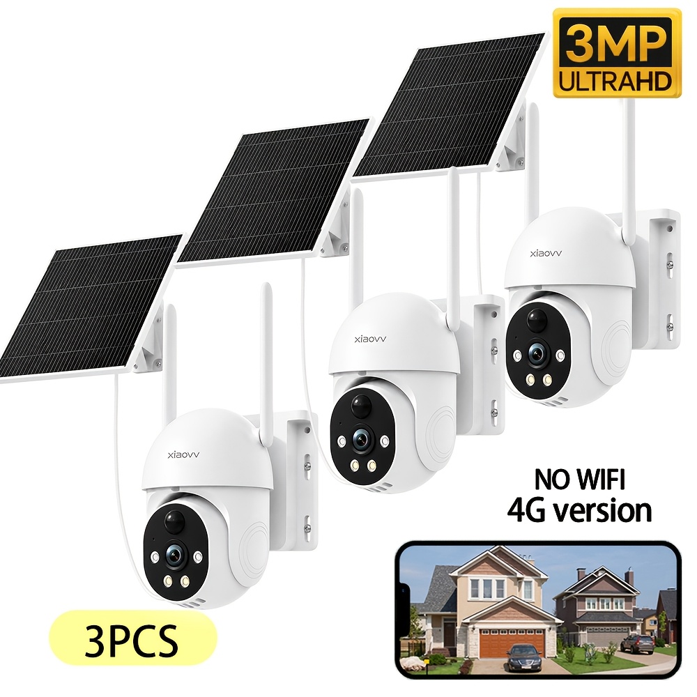 Image of Xiaovv 3pcs 3mp Solar Outdoor Security Camera, 4g Lte Camera, 355° Ptz Rotation, With Motion Detection, Humanoid Detection, Color Night Vision, Voice Alarm, Suitable For Outdoor Environment, Ip65.