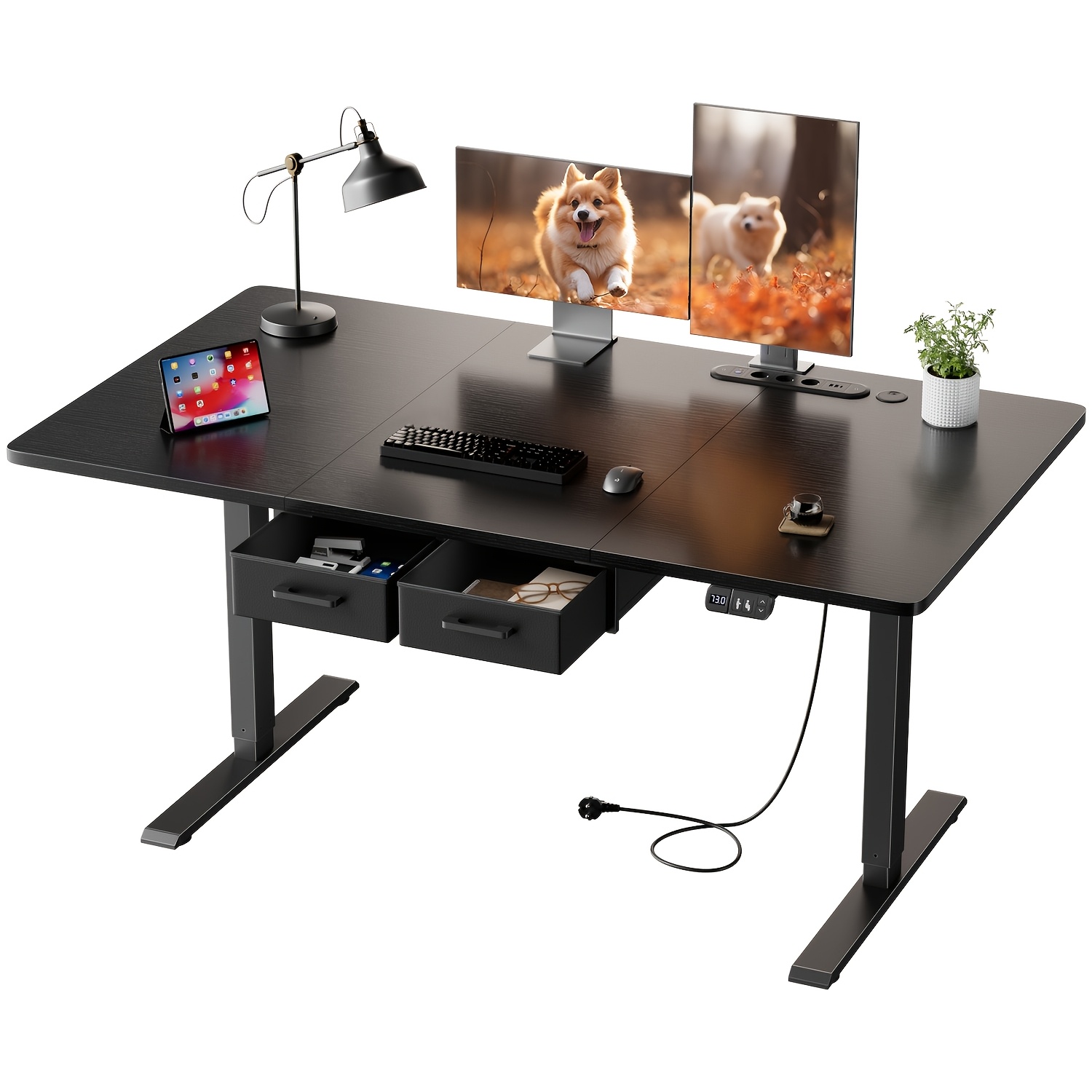 Electric Height-adjustable Standing Desk With 2 Drawers, Featuring Built-in Power Outlets On The Ergonomic Desktop - A Dual - Purpose Home , Adults