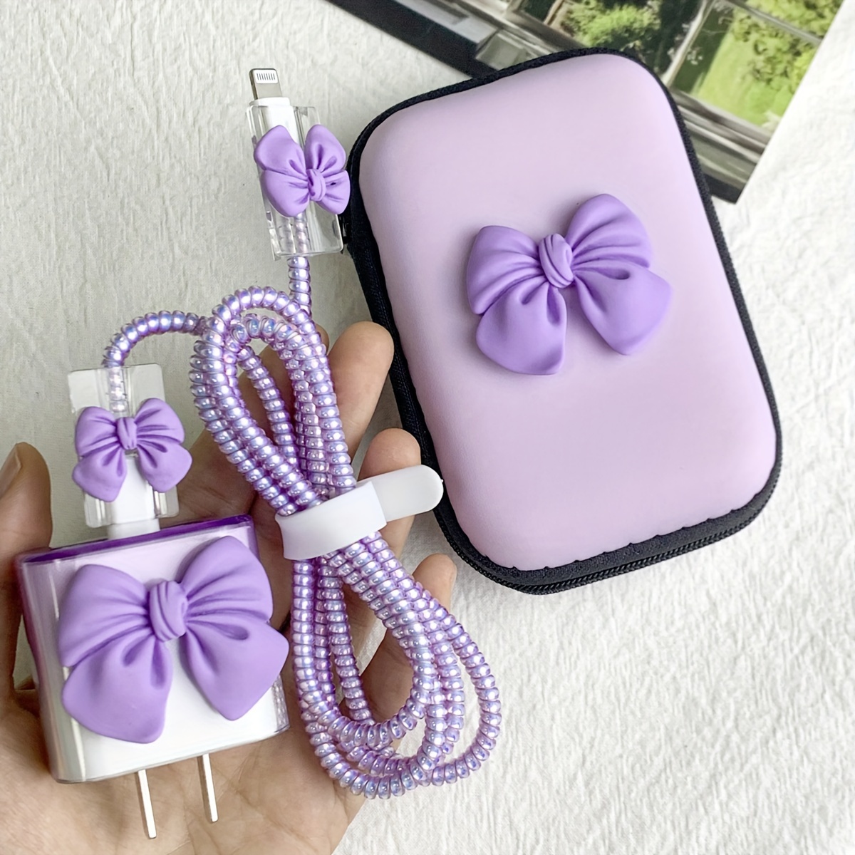 

Eva Material Light Purple Bowknot 6-piece Charger Protector Set With Cable Organizer Bag Compatible With 20w Charger