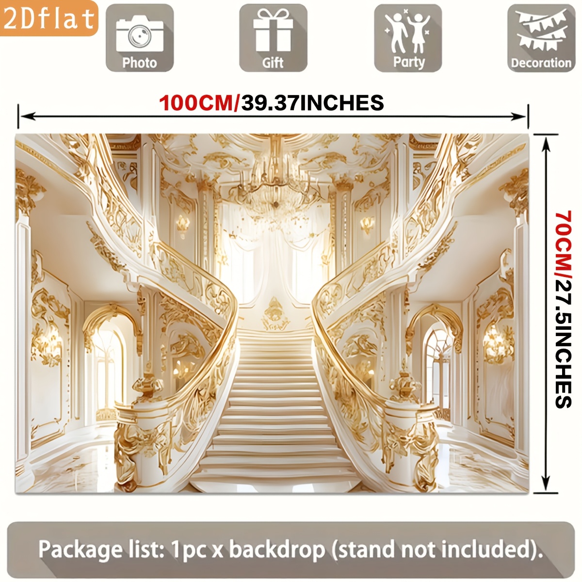 Golden Ornate Staircase White Marble Chandelier Backdrop Banner for Parties