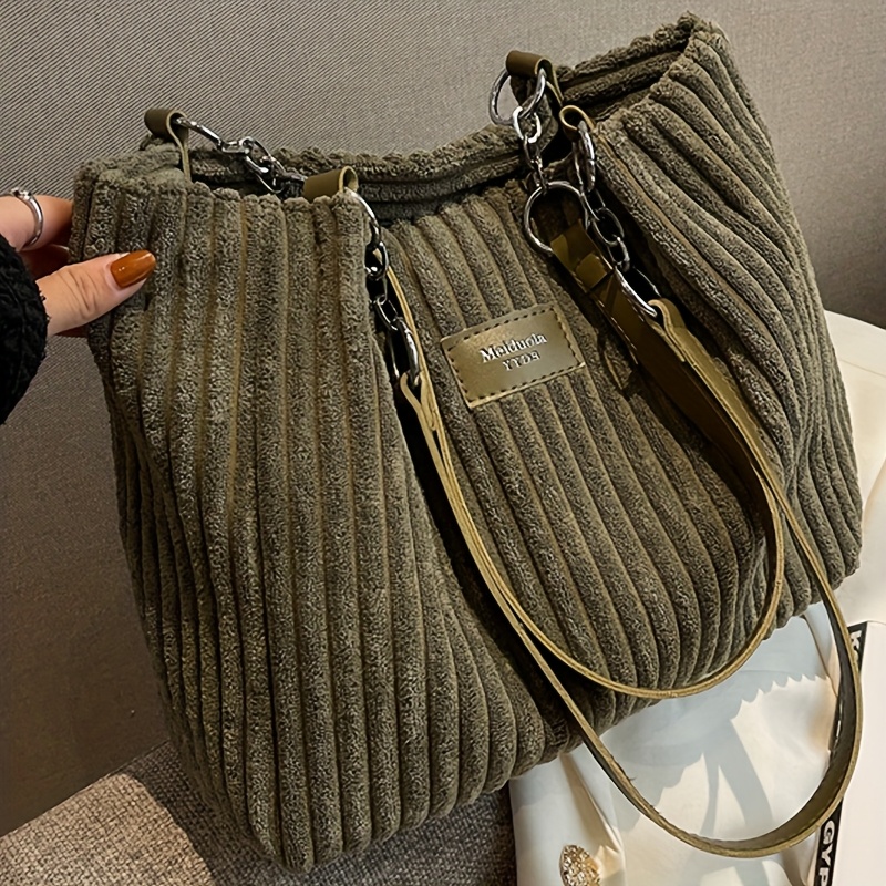 

1pc Master Travel Vintage Corduroy Shoulder Bag For Women - Olive Green Ribbed Design With Metal Chain Strap, Zipper Closure, Medium Capacity, & Stylish For Use, Vintage Bag