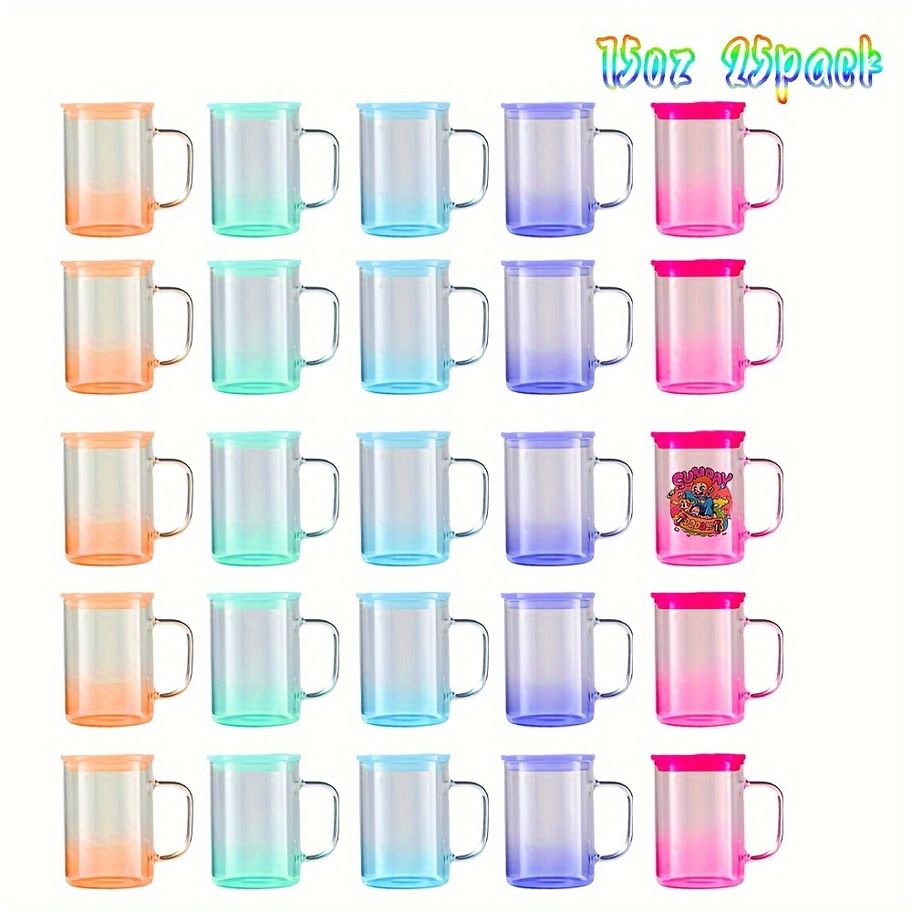 

25pcs, 15oz Gradient Clear Summer Drinking Glass Mug Cup With Handle And Colored Plastic Lid