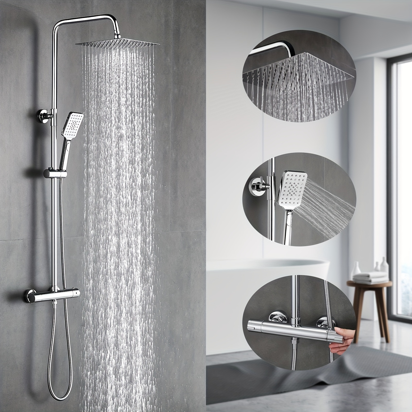 

Shower System With Thermostatic Rain Shower 304 Stainless Steel Shower Head, Shower Mixer Complete Set Incl. Shower Thermostat, Bath Mixer Set, Adjustable Wall Bracket 10 Inch Rain Shower Head