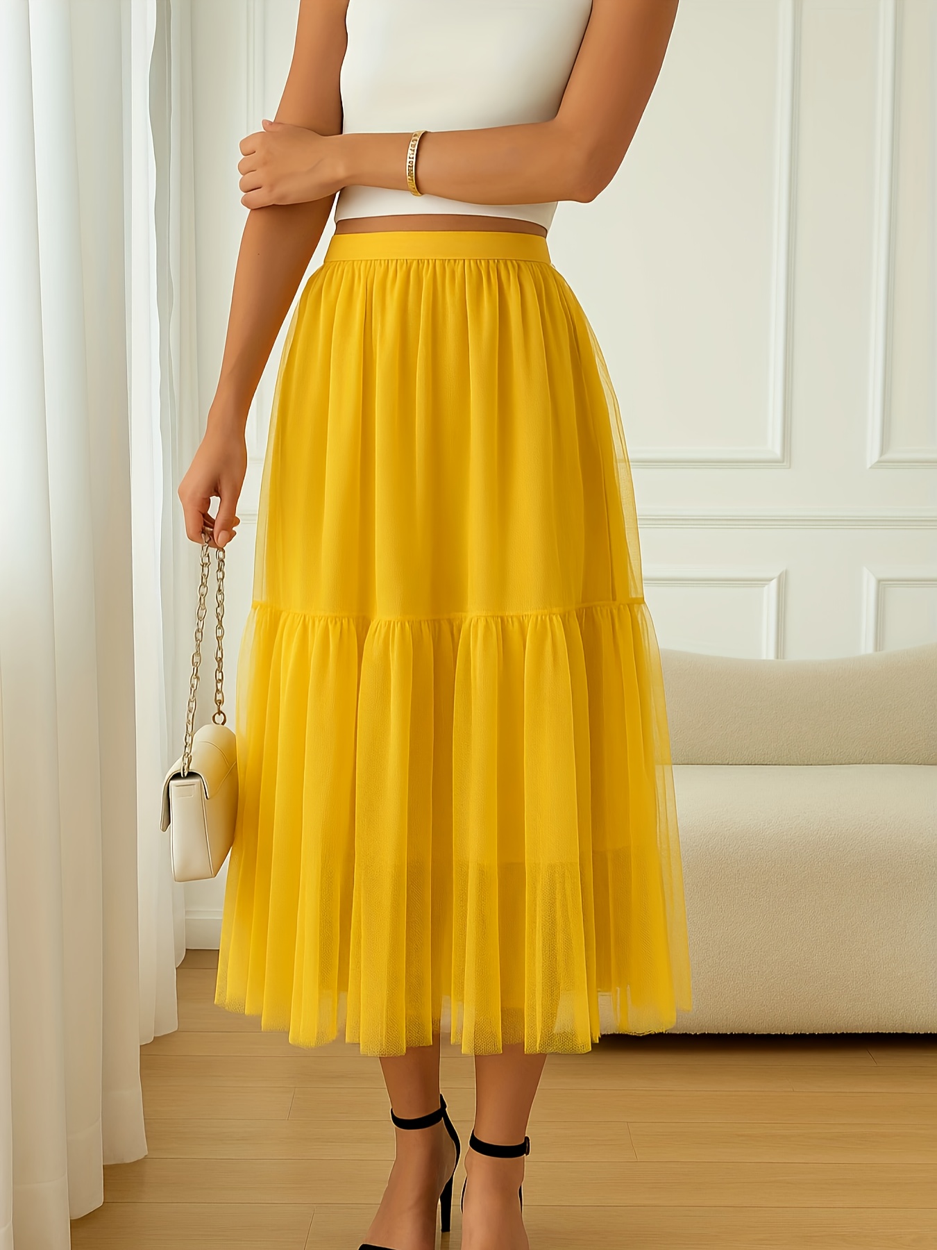 womens high waisted flared midi skirt solid color tulle mesh