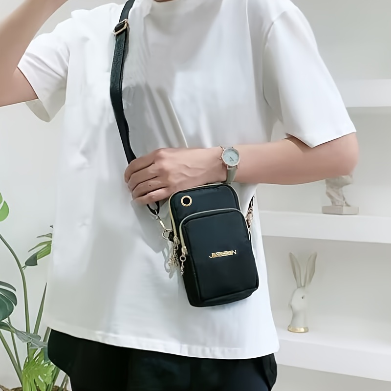 [Random Zipper Pull] Women'S Mini Crossbody Phone Bag - Lightweight Nylon, Adjustable Strap, Black, Vertical & Portable with Wrist Strap, Casual Summer Style, Casual Phone Bag | Minimalist Design | Lightweight Nylon, Small Crossbody Bag