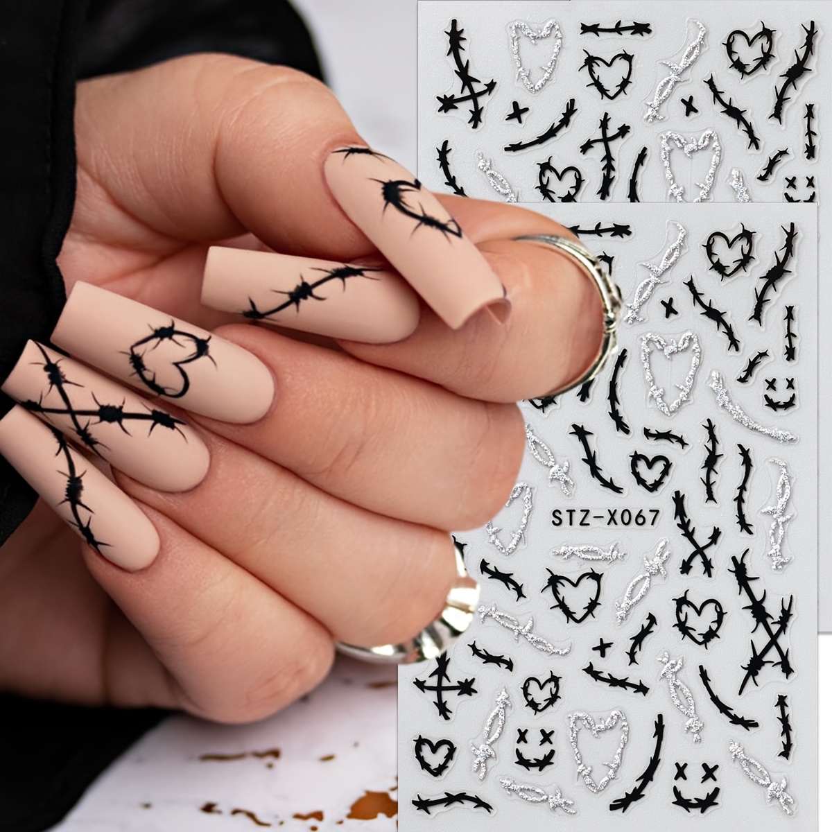Set Of 2 And Thorn For Nail Art Stickers/decals Featuring Black Thorn Love, Made Of Embroidered Plastic With A Self-adhesive Backing, Designed For Nail Decoration With A Glossy End