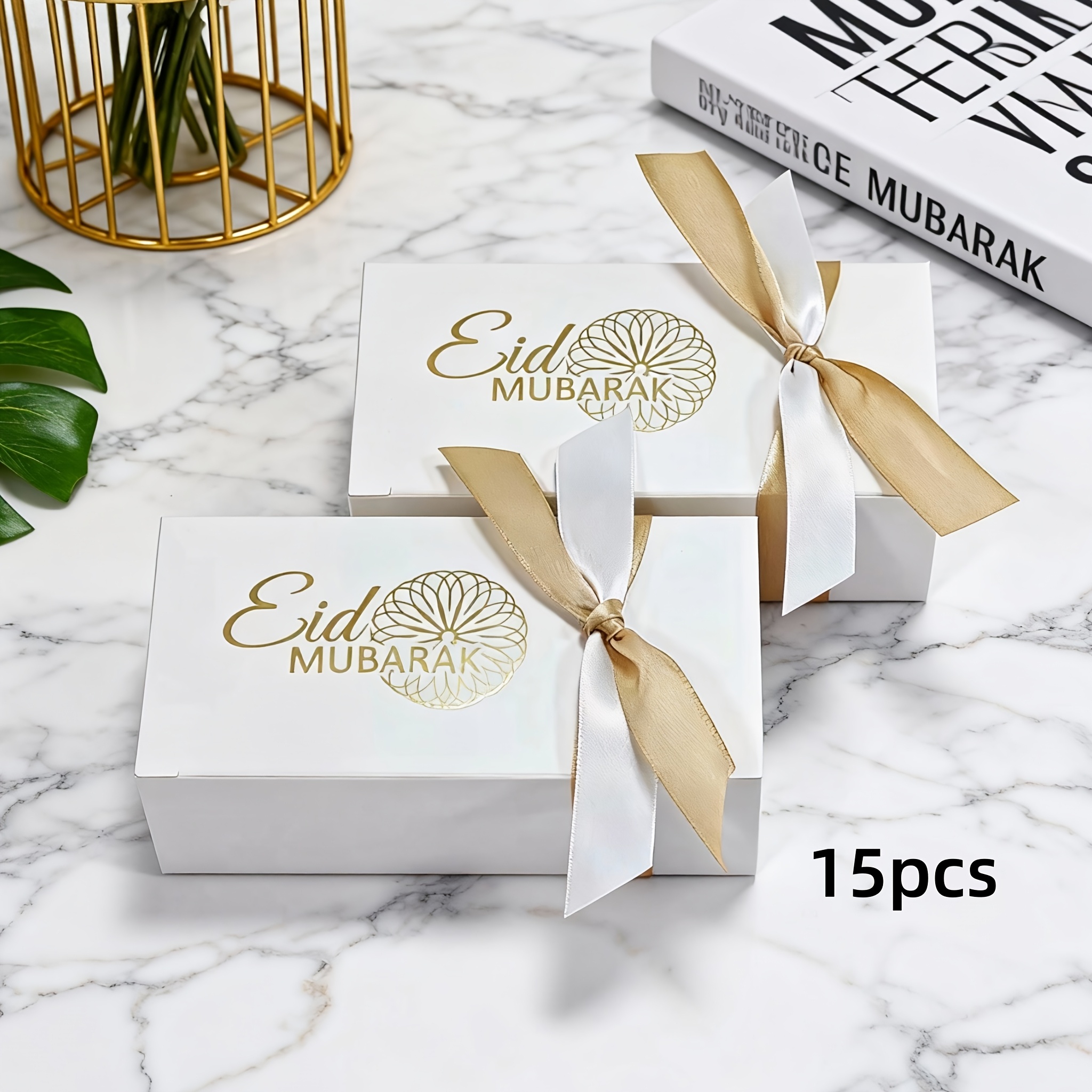 E-shop 15 Stück Luxus-Geschenkboxen mit zweifarbigem Band, elegante rechteckige Geschenkverpackung für Ramadan, Eid al-Fitr & festliche Anlässe,