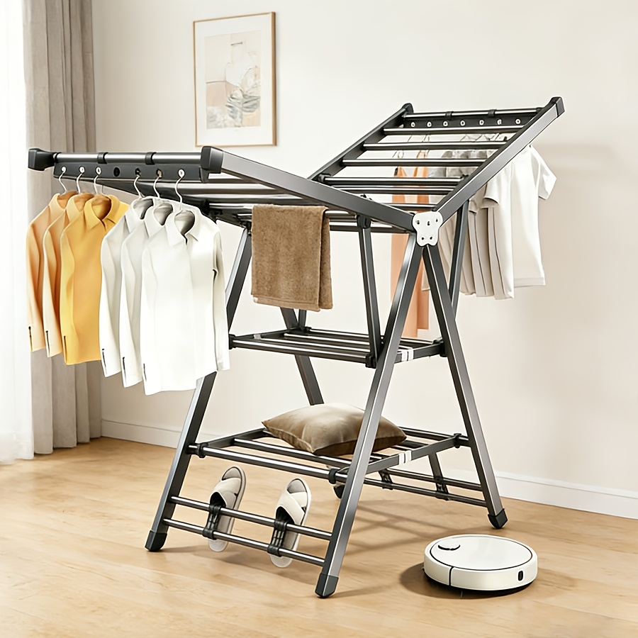 TEMU Foldable Drying Rack With Wheels, Large Capacity Aluminum Alloy Clothes Drying Rack, Multi-tier Collapsible Laundry Drying Rack For Indoor