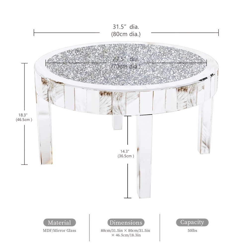AESOME Glam Silver Mirrored Round Coffee Table Crushed Diamond Accent Side Table With Beveled Glass Edge Modern Center Table For Living Room And Office (31.5