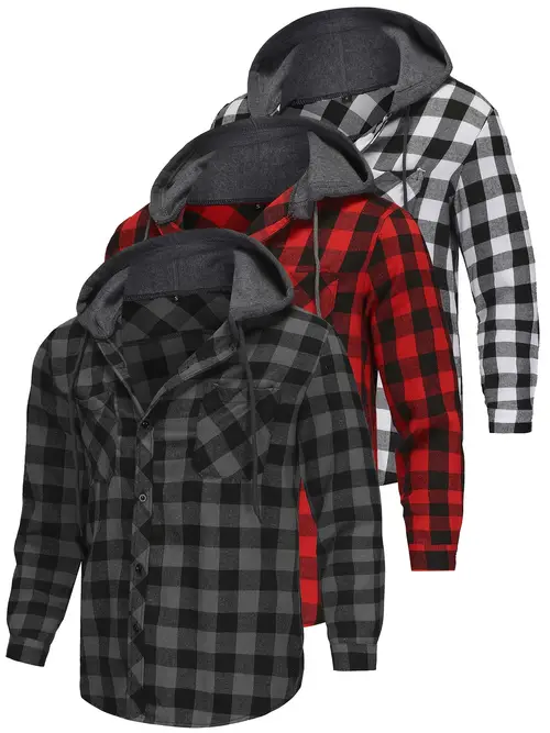 3 pack mens flannel hoodie shirts casual button long sleeve hooded jackets with pockets machine washable regular fit solid color black red blue everyday apparel plaid nonstretch fabric