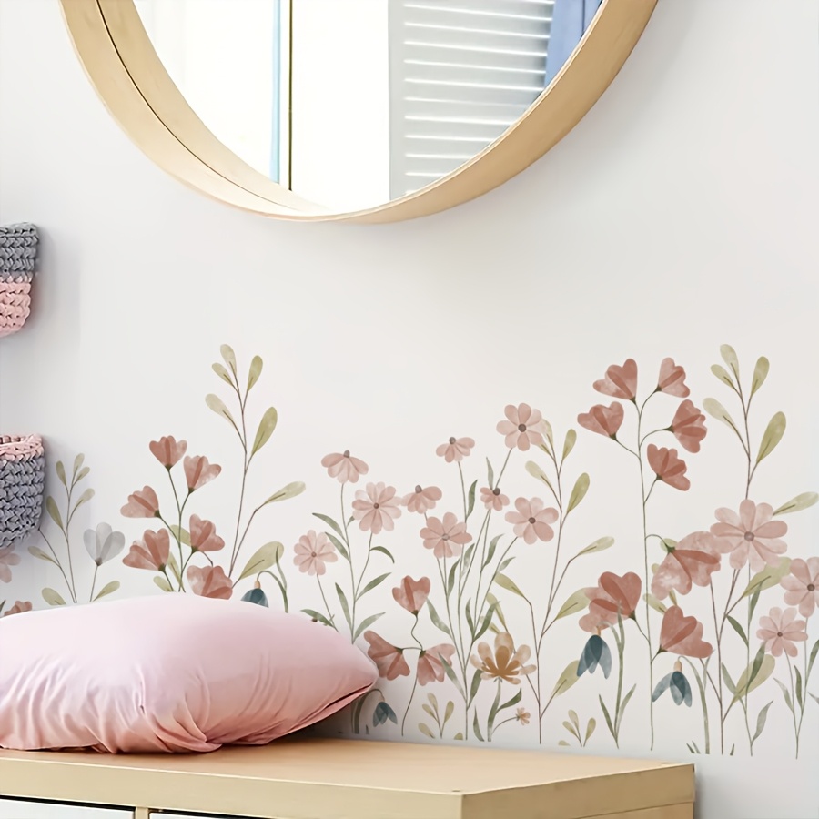 1pc Brup Boho Aesthetic Watercolor Pink Wall Sticker, Green Grass Baseboard Decal For Bedroom Living Room Home Decor