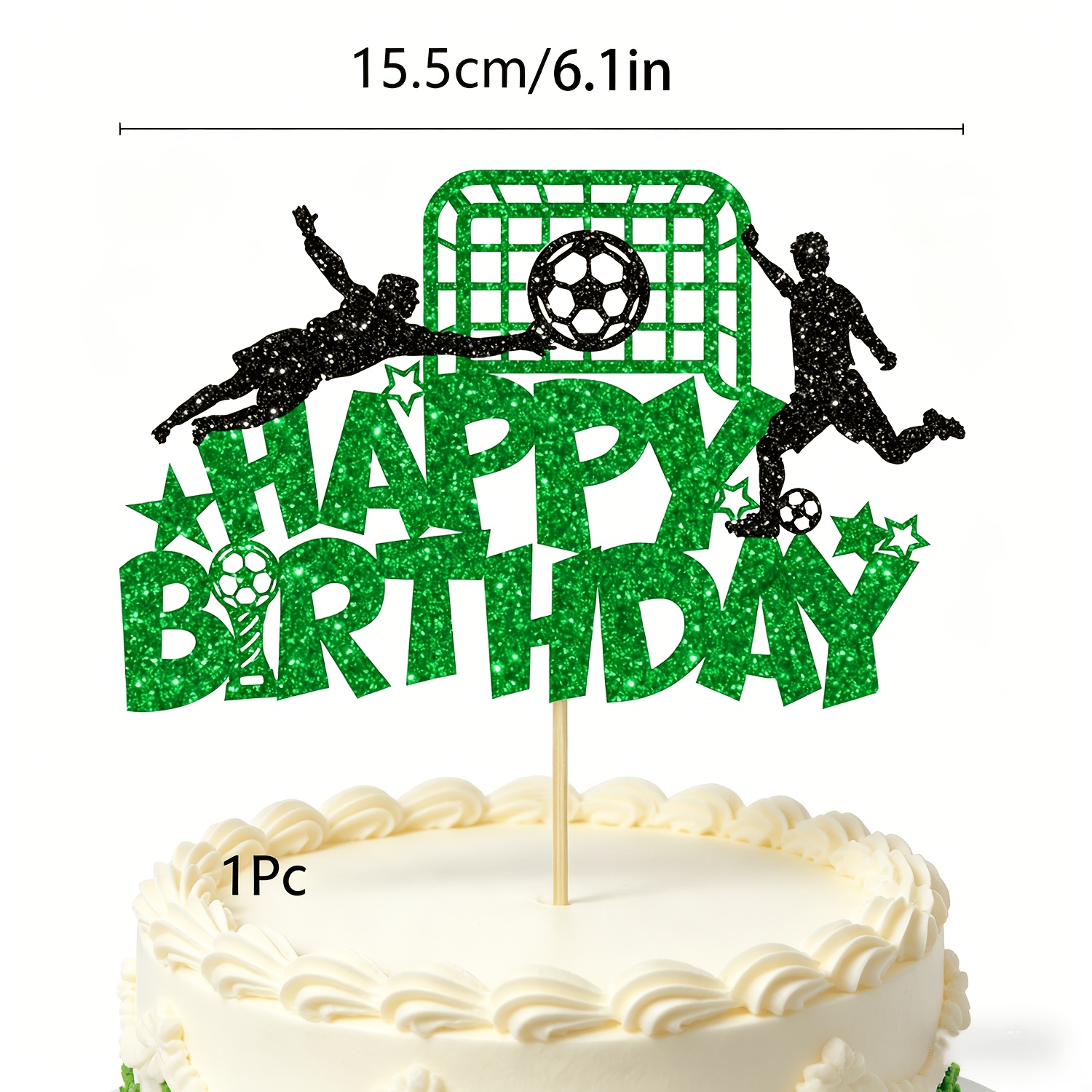 Image of 1pc Green Glitter Soccer Theme Happy Birthday Cake Topper With Goal And Player - Sparkling Sports Party Decoration For Birthday Cakes，halloween，christmas
