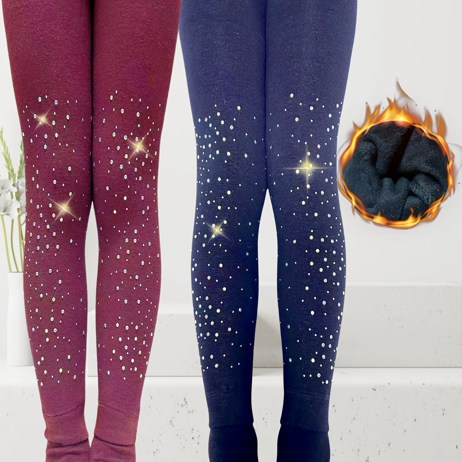 1/2 stuks Winter Meisjes Verjaardags- en Feestcadeaus, Damesleggings met Diamanten Bevestiging, Hoogelastische Broeken, Dik Geïsoleerde En Koudbestendige Jongerenbroeken, Dromerig en Mooi, Zacht en Casual
