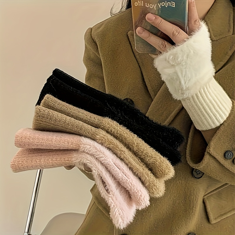 Soft & Warm Fingerless Gloves - Stylish Elegant Plush Splicing Knit Gloves for Autumn Winter with Coldproof Elastic Wrist Cover details 8