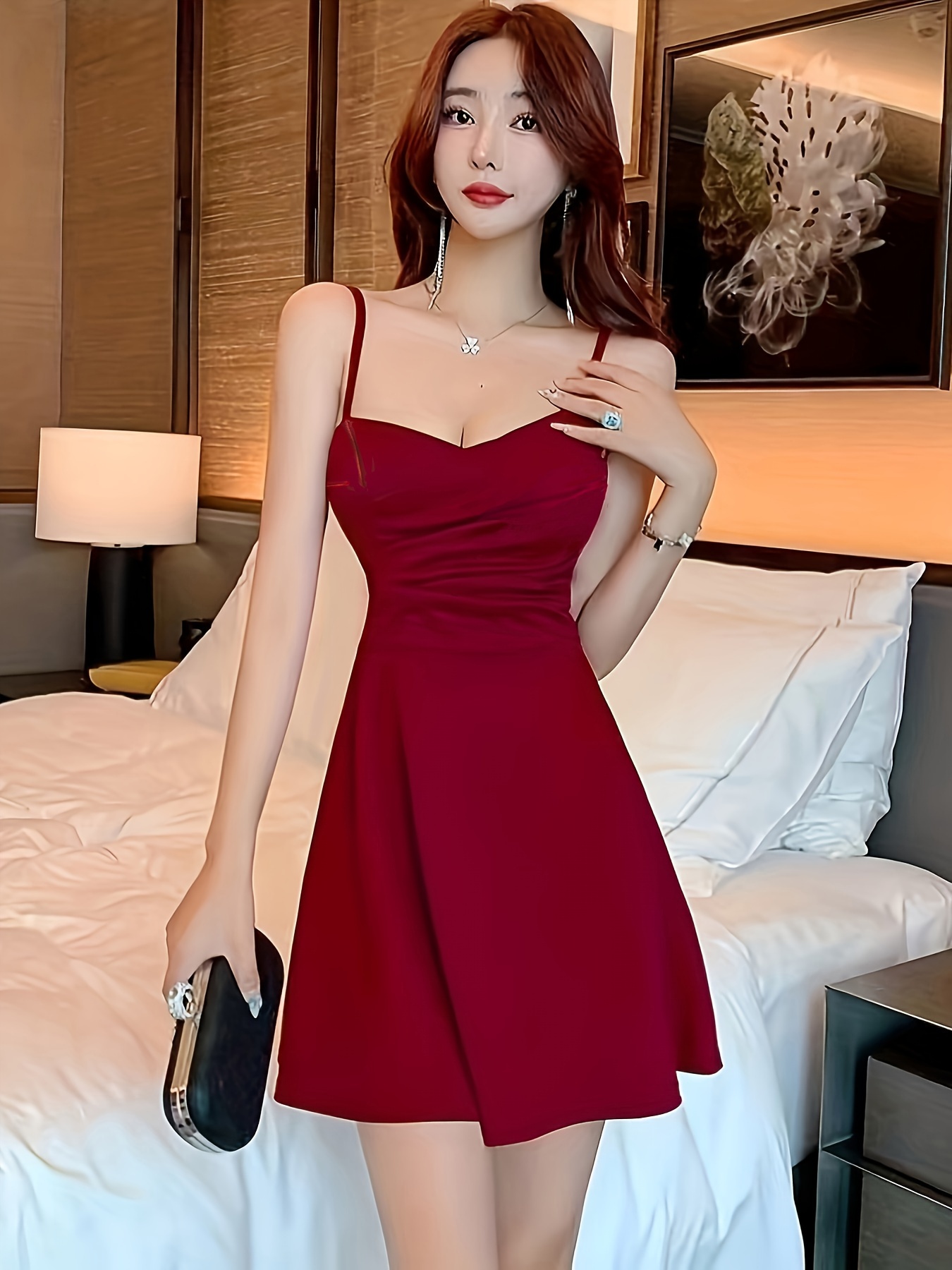 Sexy Red V-Neck Bodycon Mini Dress with Zipper Detail Fit, Short  Sleeve, A-* Nightclub Party Wear, Adult Women'S Fashion,