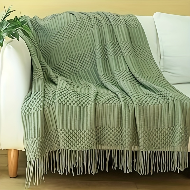 

Vintage Style Solid Color Acrylic Knit Throw Blanket With Tassels, Soft And Warm Sofa Cover, Bedspread For All , Decorative Living Room And Bedroom Accessory