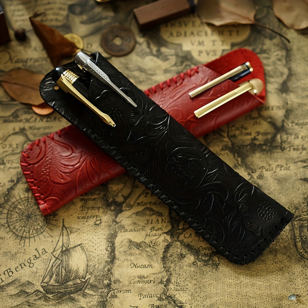 

Handcrafted Genuine Leather Pen Case With Intricate Design – Vintage Style Sheath For Outdoor Tools, Embossed Floral Patterns, Cowhide Material