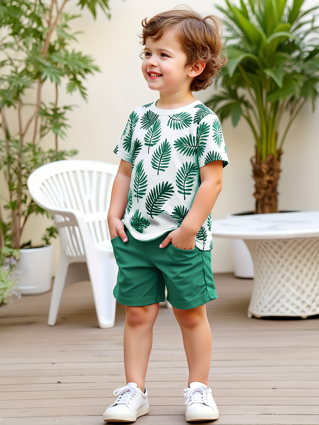 2pcs set of boys' clothing, summer short-sleeved round-neck T-shirt with leaf print and boy's fashionable shorts for summer outings, Perfect for Outdoor