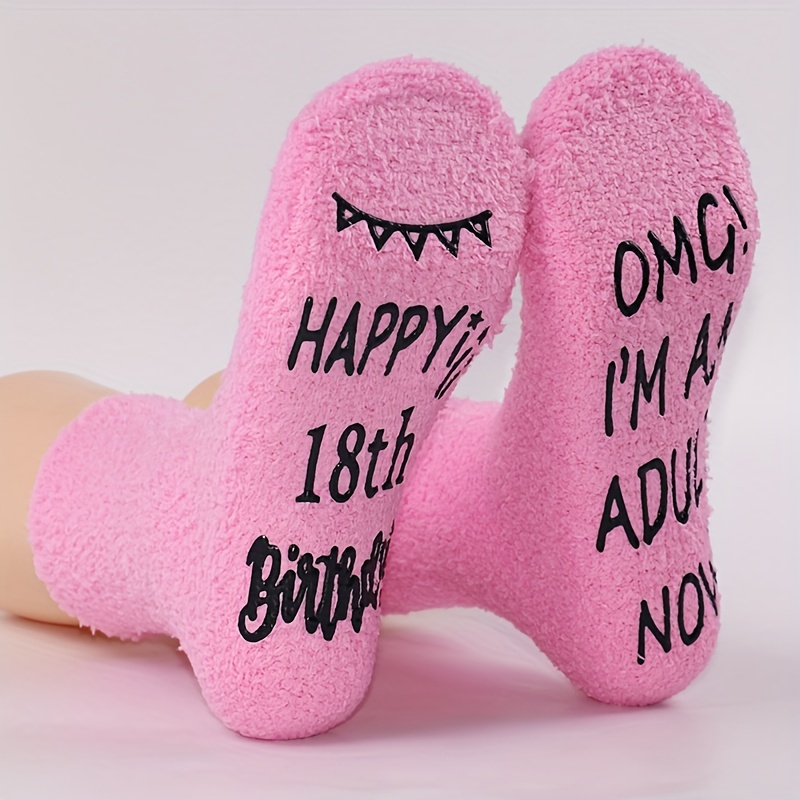 

1 Pair, Coral Fleece Plush Socks, "happy 18th Birthday" Celebration, Soft Cozy Warm Birthday Gift, Pink With Black Lettering
