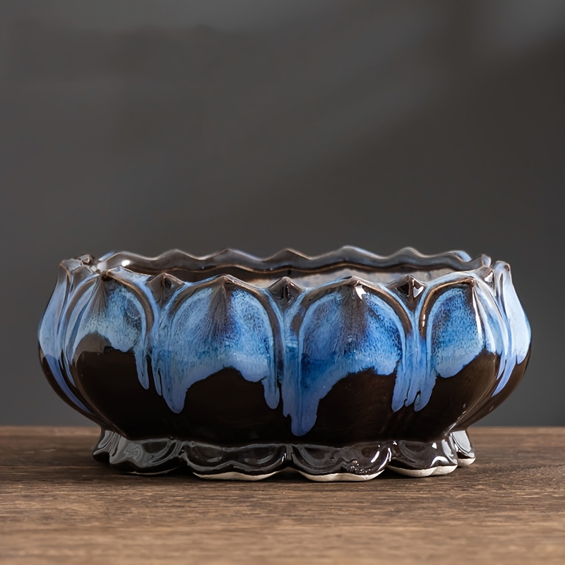 TEMU pour Pot de fleurs en céramique à haute température avec glaçage Lotus, grand pot de fleurs créatif rétro à plusieurs couches, petit piquet vert