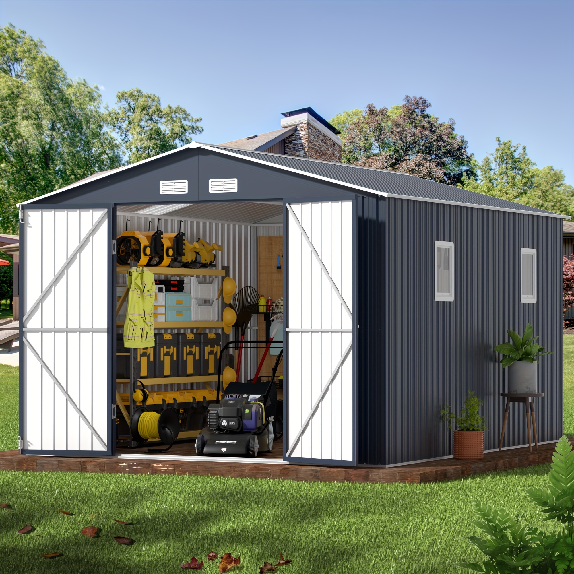 

10 X 12 Ft Storage Shed, Galvanized Steel Storage Shed Durability, Spacious , -transmitting , And Double Lockable - For Organizing And Storing In