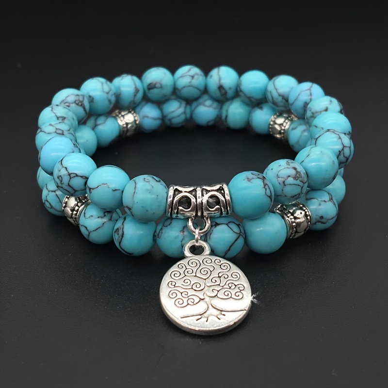 E-shop 2er-Set Natürliche Türkis Elastische Armbänder | Böhmischer Vintage-Stil, Handgewebt, für den & als Geschenk mit Baum des Lebens Anhänger |