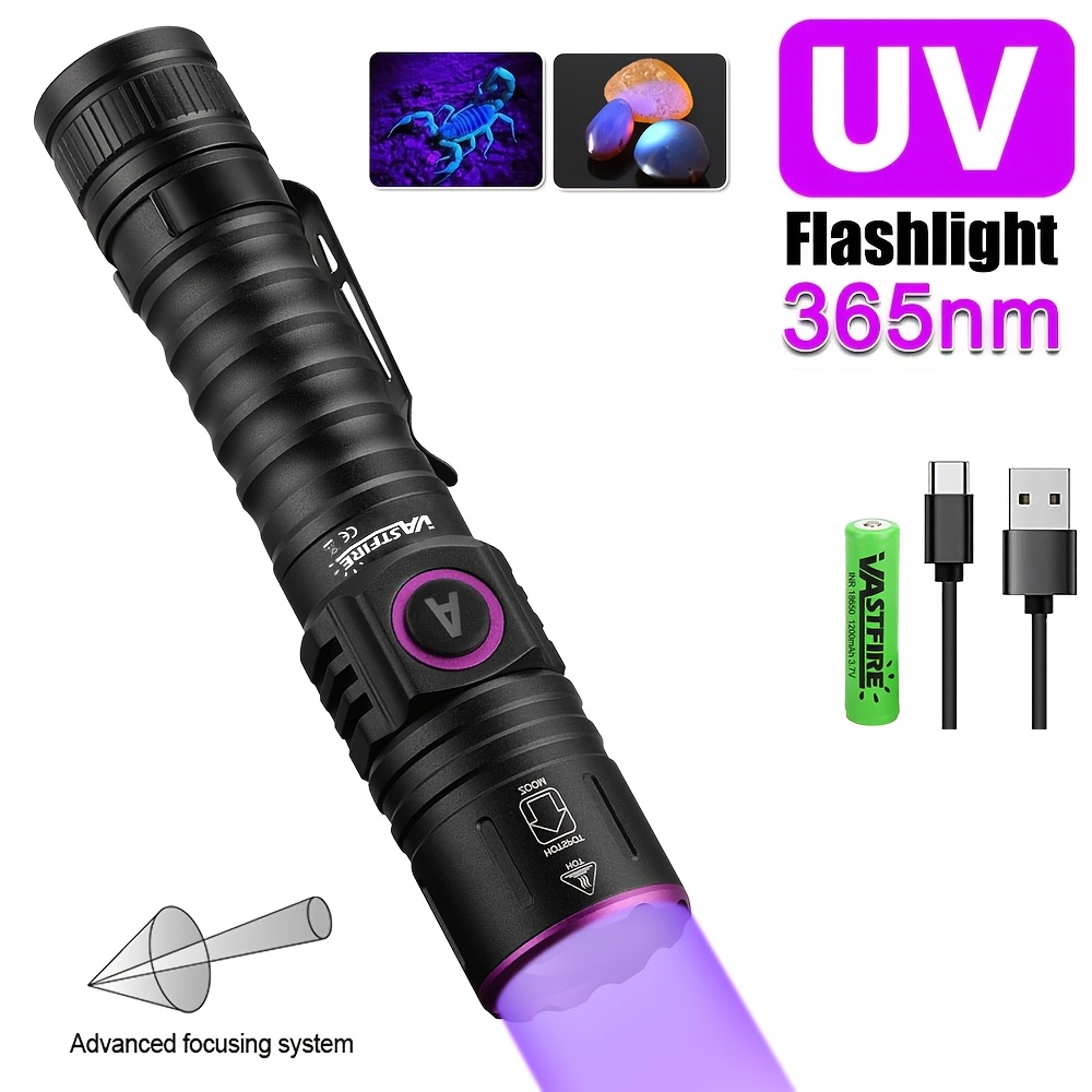 TEMU Rechargeable Uv Flashlight A 18650 Battery - A Strong 365nm Uv Light Suitable For Revealing Invisible Ink, Curing Resin, Detecting Pet Stains,