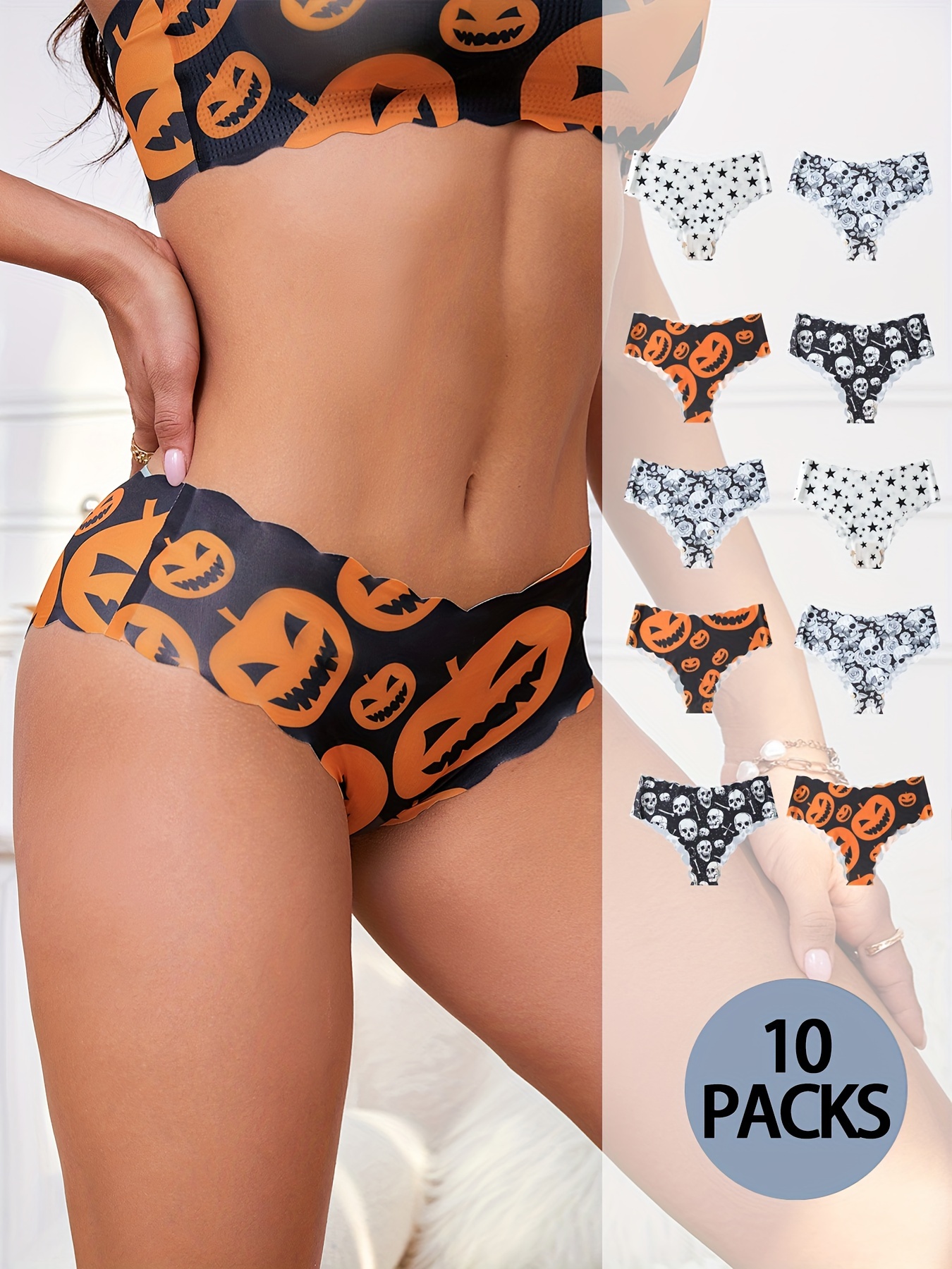10pcs Skull & Pumpkin Print Panties, Comfy & Seamless Halloween Scallop  Trim Panties, Women's Lingerie & Underwear