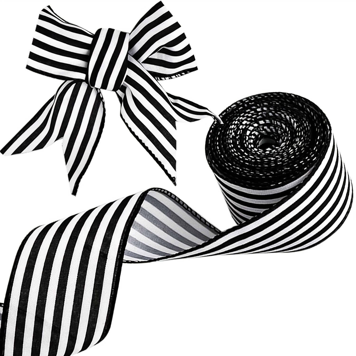 

Black And White Striped Metallic Edge Satin Ribbon, 5 Yards Polyester Fabric Craft Ribbon For Gift Wrapping And Decorations - No Feathers, High-quality Durable Material