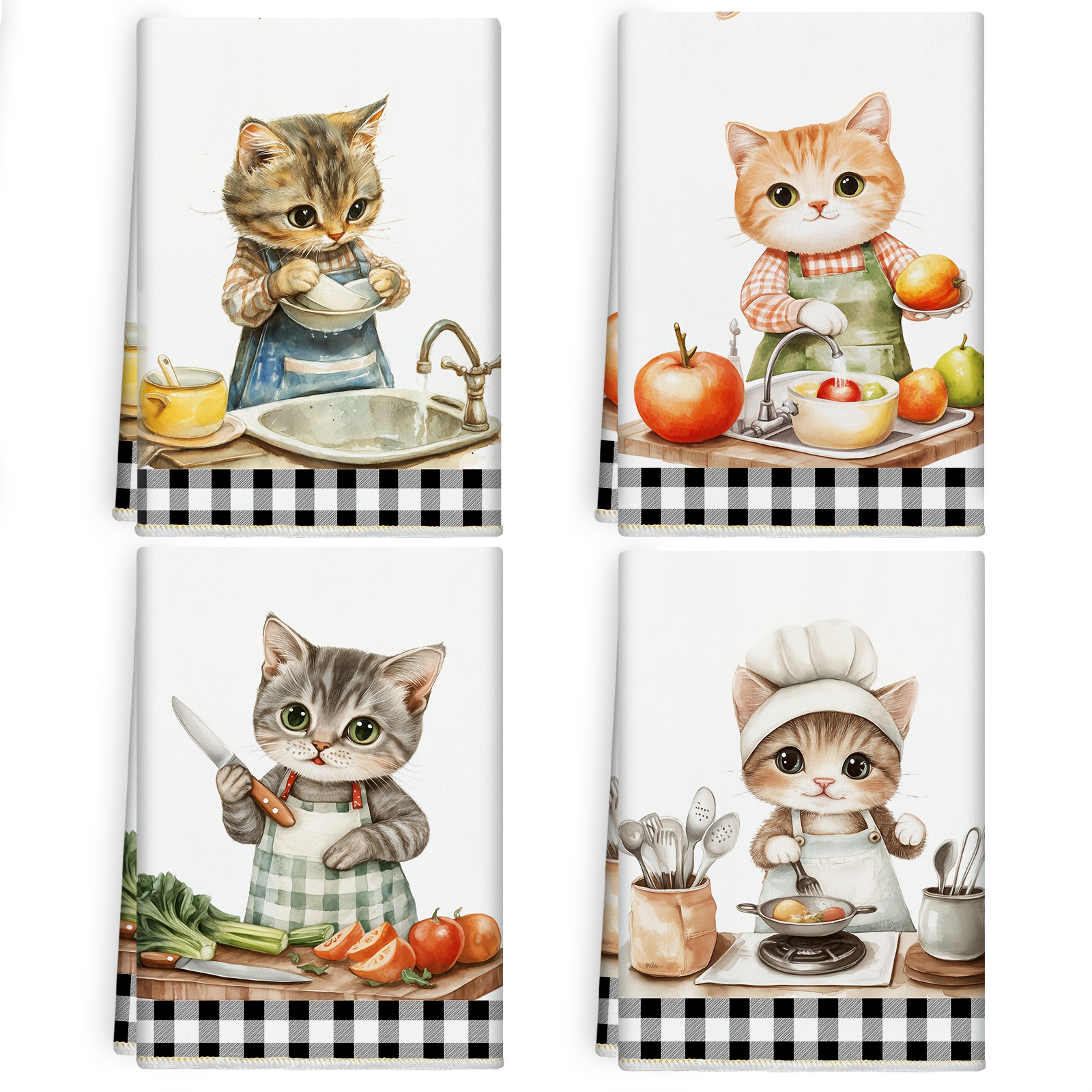 TEMU 4pcs Set Cat Gift For Women, 4 Cat Chef Kitchen Towels, -patterned Dish Towels For Cat Moms, Housewarming Cat Gift, Cute Cat Tea Towels For Home