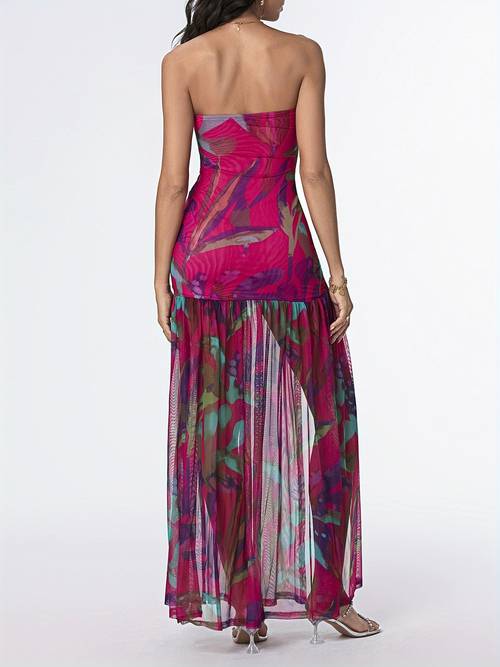 womens tube top dress strapless backless mesh tropical leopard print high long dress for night