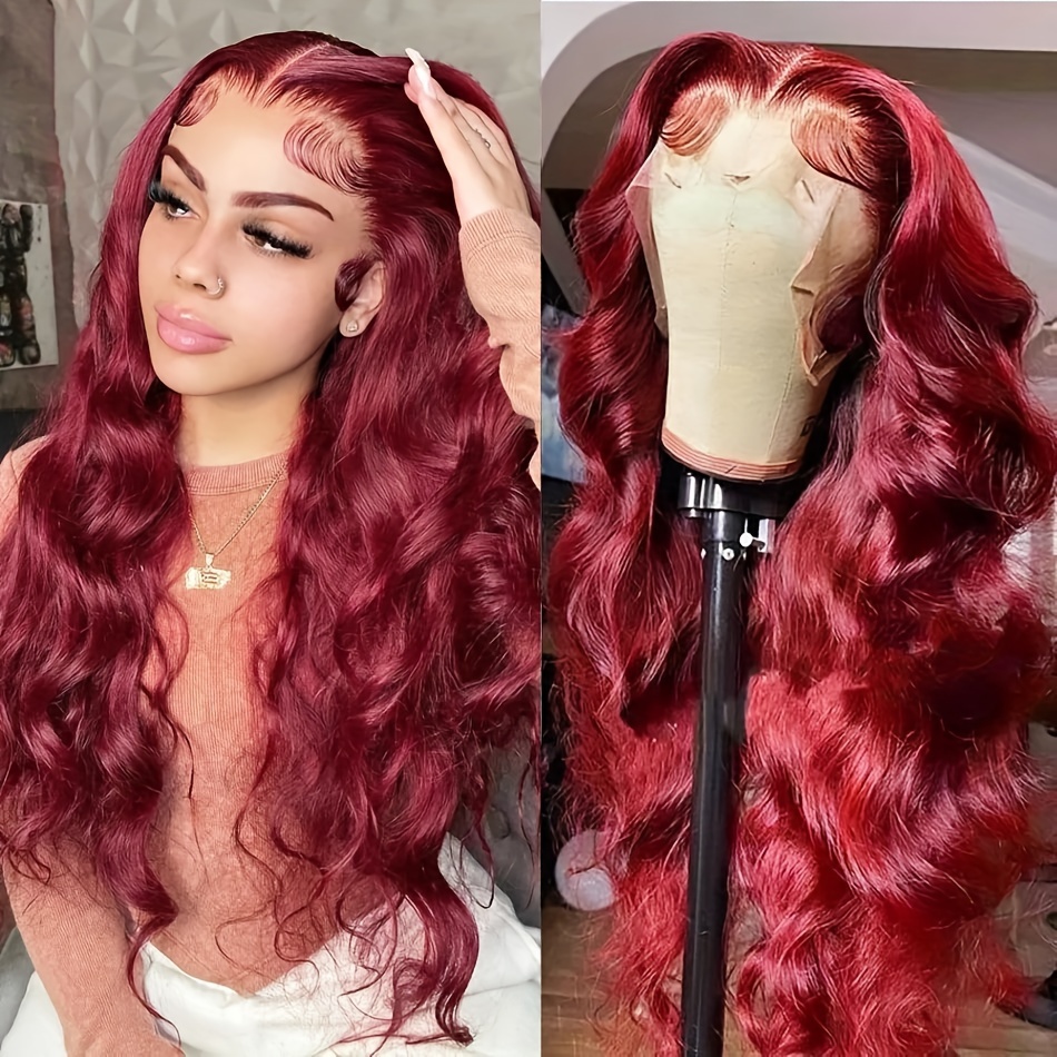 Cherry Red Lace Front Human Hair Wig Body Wave Pre Plucked Bleached Knots  13x6 Transparent Lace