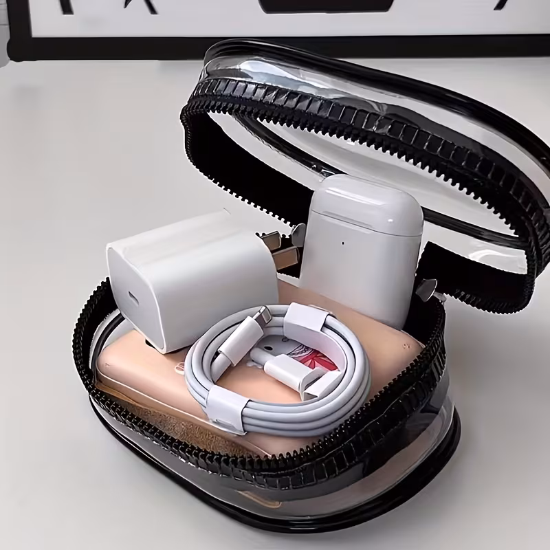 2pcs compact transparent zippered storage bags with keychain durable pvc earphones and travel accessories portable on the go cables not included Product details 2