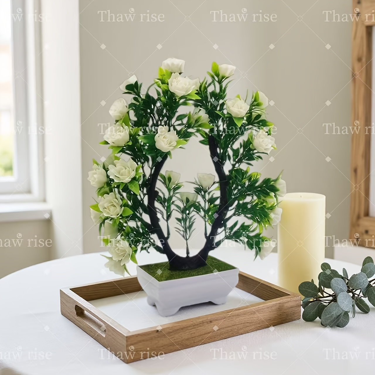 1 kunstbloem met pot - Witte en groene bladeren