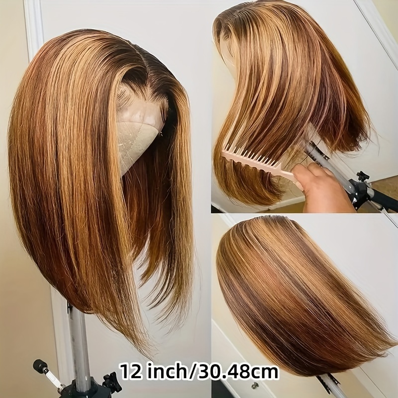 womens basic straight bob lace front wig 13x4 transparent lace with baby hair highlight honey blonde 150 density human hair wig for african american women details 1