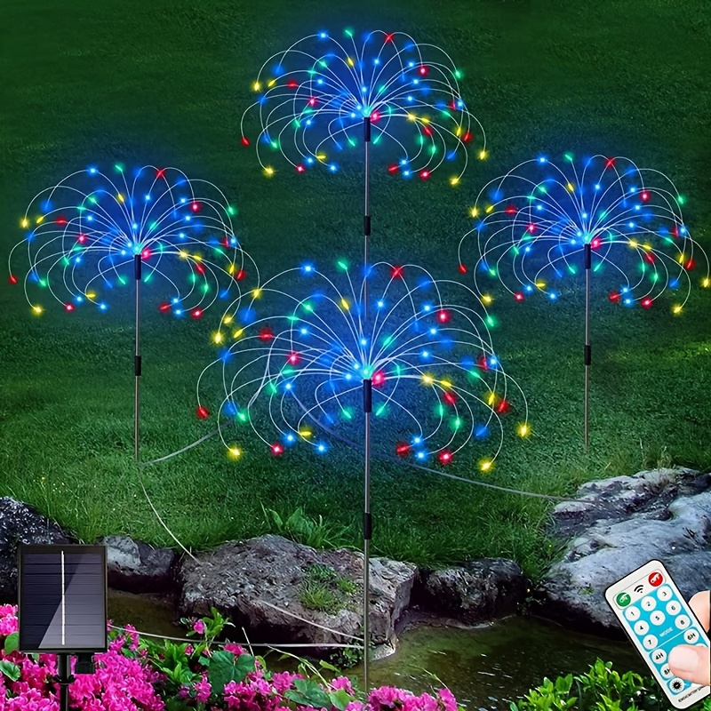 

4pcs Solar-powered Firework Led Starburst Lights, Brass In-ground Floodlights With Remote Control, Dimmable Semi-flush Mount Lawn And Garden Decorative Lighting, Solar Battery With Remote Included.
