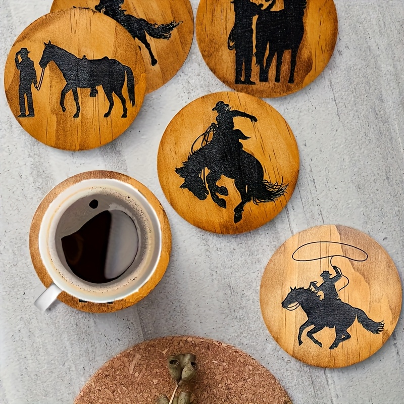 TEMU 6pcs Vintage Denim Rodeo, Western Wooden Coaster Set, Home Decor Coasters, Suitable For Coffee Cup And Beverage Coasters, Wine Beer Bar, Ideal