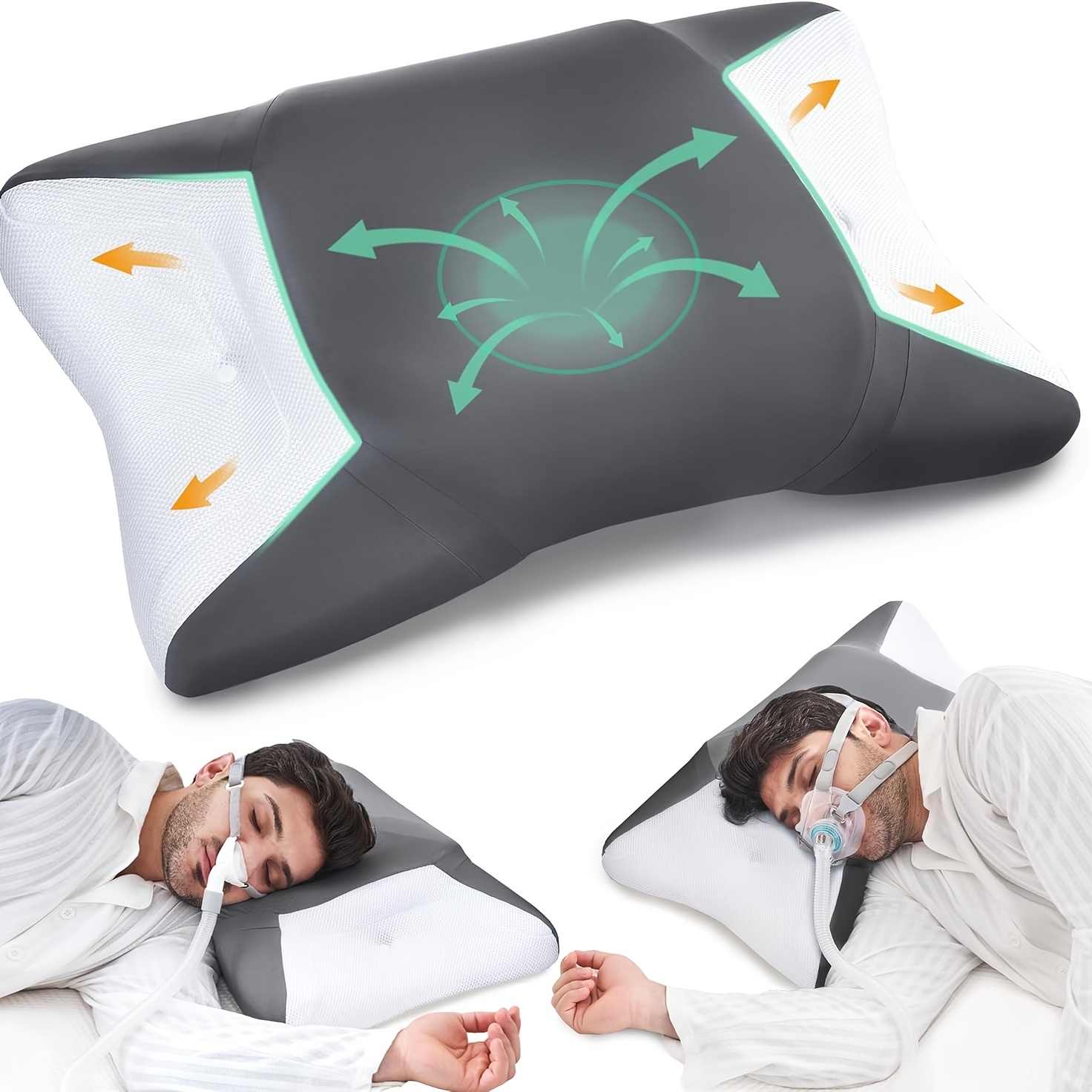 Image of Cpap Pillow For Side Sleepers, Contour Memory Foam Pillow With Ergonomic Cutouts For Cpap Masks, Neck , Mask Leaks, Apnea For All Users