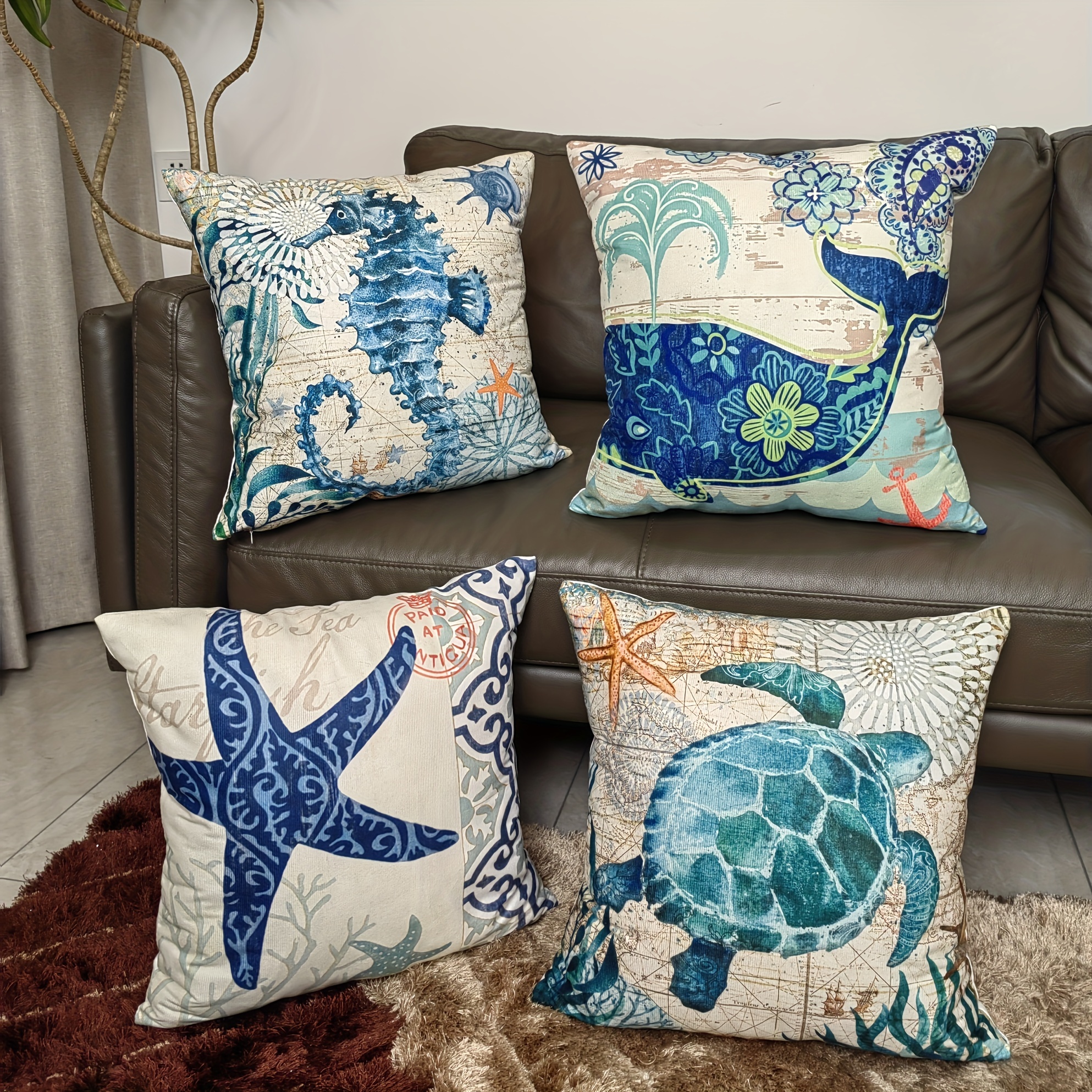 

4pcs, 17.72"x17.72"marine Nautical Starfish Turtle Whale Throw Pillow Case, Living Room Sofa Pillowcase, Home Decor, Bed Decor Pillow Cover Car Decorative Throw Pillow Case (pillow Core Not Included)