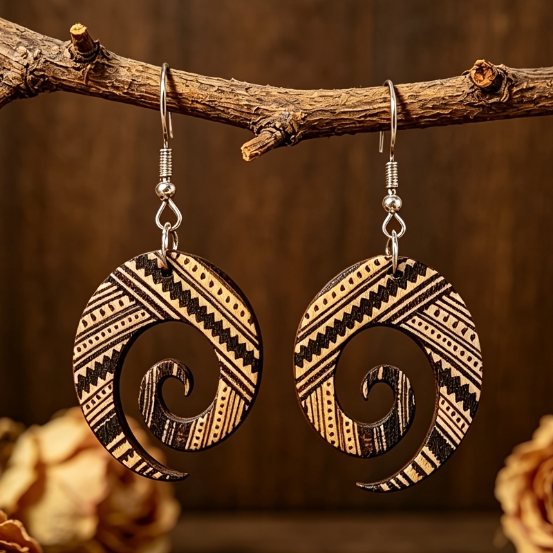 TEMU Une paire de boucles d'oreilles exotiques vintage en bois à tourbillonnants avec des géométriques tribaux africains imprimés, boucles d'oreilles