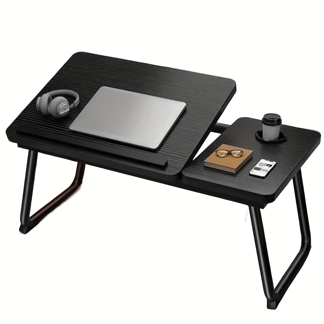 E-shop Verstellbarer 5-Stufen-Laptop-Tisch mit Getränkehalter & Anti-Rutsch-Pad – Recycelholz-Schreibtisch für Schlafzimmer, Büro, Nachttisch –