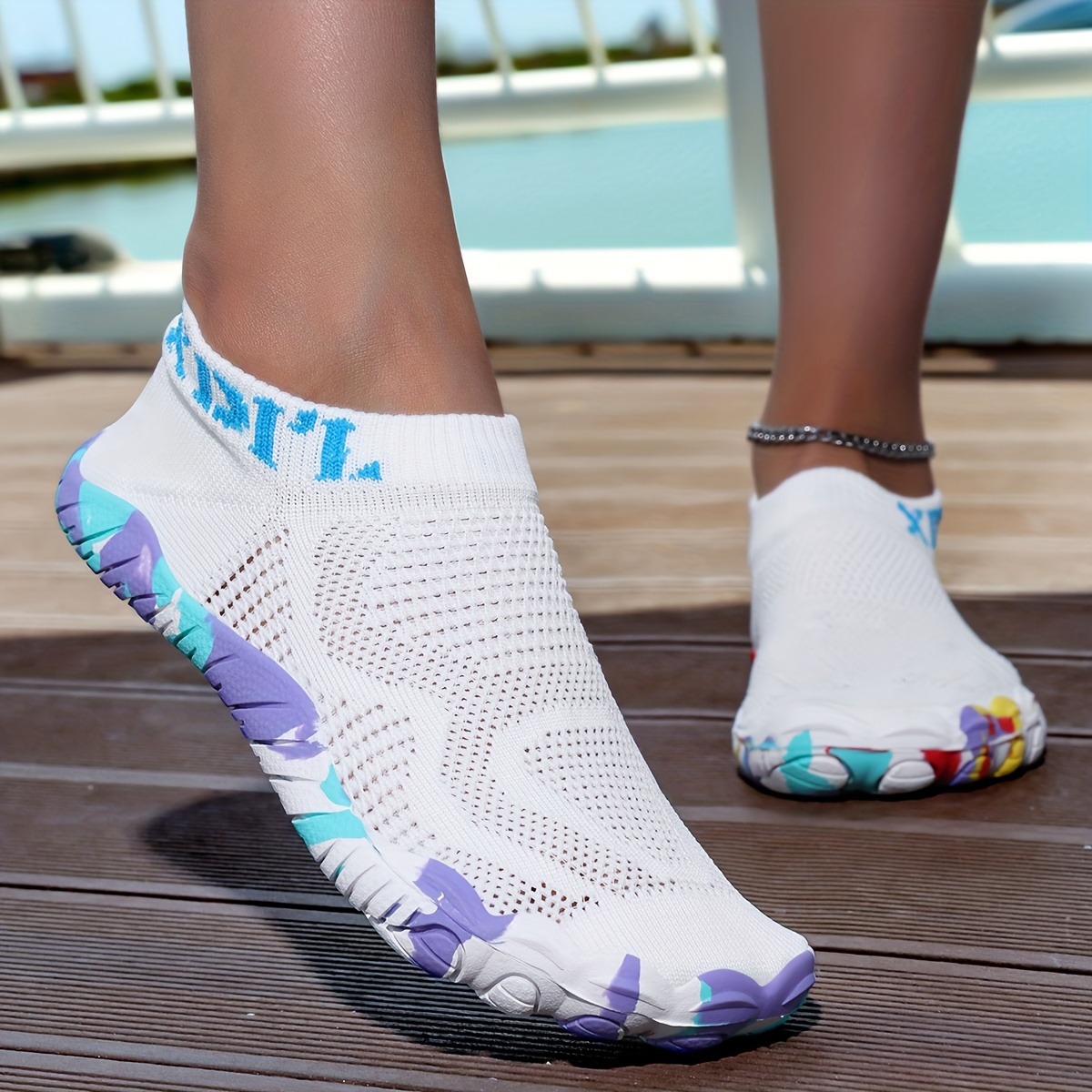 womens breathable five toe gym shoes quick dry summer yoga beach sneakers with non slip rubber sole lightweight for swimming hiking outdoor activities white with blue accents wide sizes available 0